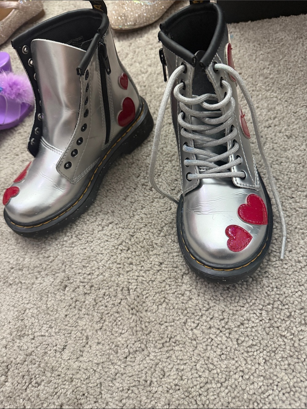 Dr. Martens Silver Kids Heart Patch Lace-Up Boots